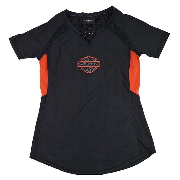 Harley-Davidson Womens Short Sleeve Henley Mesh Back Knit Black 96824-19VW Small - Picture 1 of 5